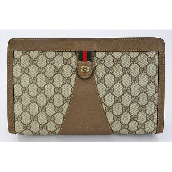 Gucci Handbags - Gucci Beige and Brown Monogram Clutch